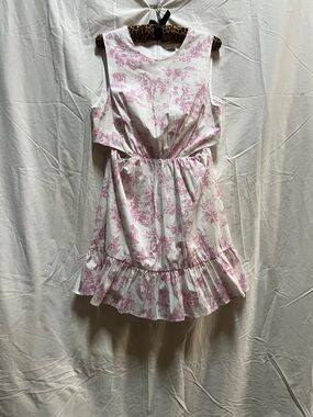 Pink Toile Ruffle Hem Sleeveless Dress